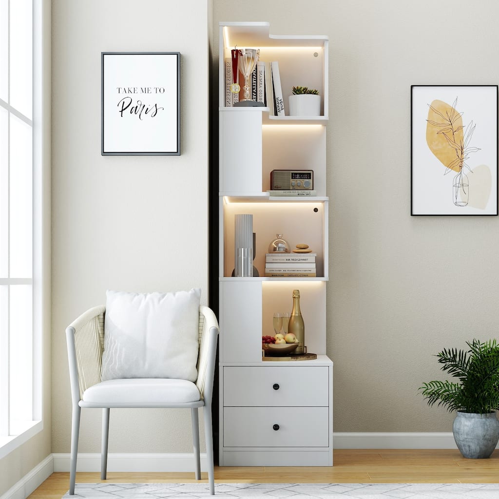 L-Shaped Corner Bookshelf with Drawers and LED Lights, 4-Tier Freestanding Display Stand for Home Office