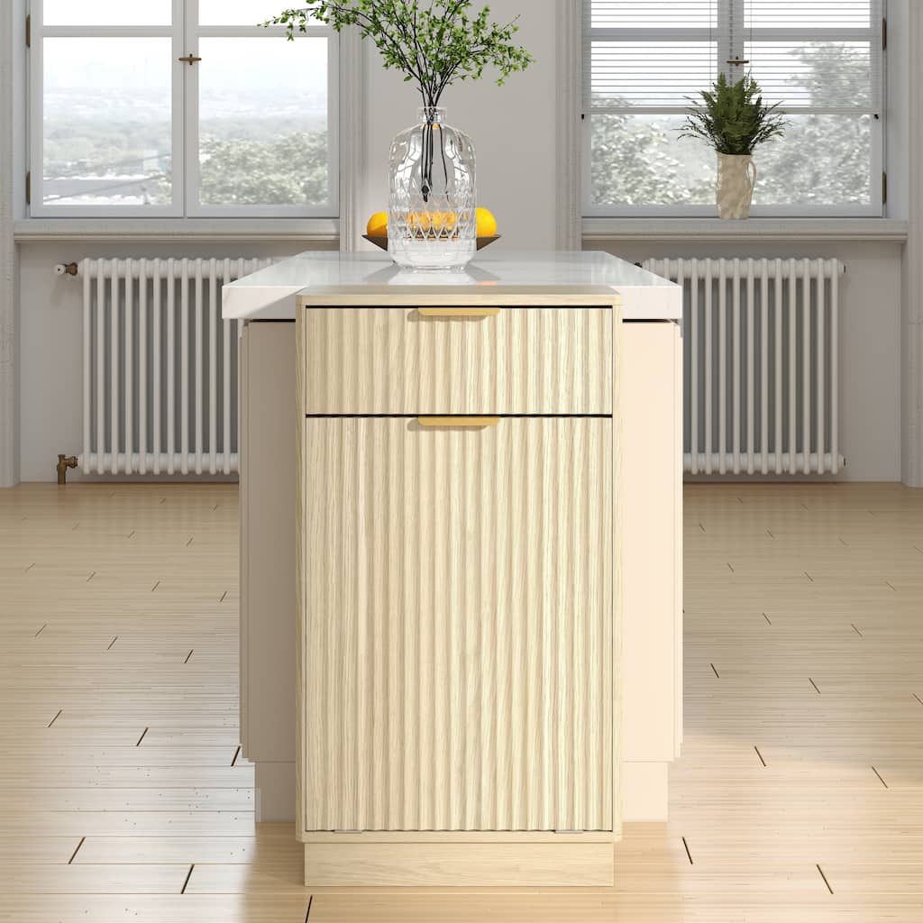 Wood Tilt-Out Accent Cabinet, Trash Can Cabinet with Wave-Textured Drawer, Stripe Storage Cabinet with Pull-Out Bin