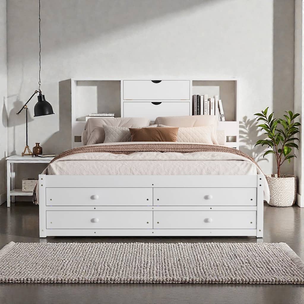 Platform Bed with Headboard Storage and 8 Drawers, Wood Bed Frame with Shelves and No Box Spring Needed