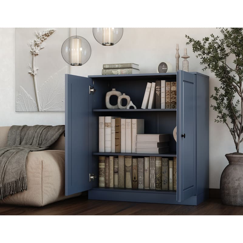 Palace Imports 100% Solid Wood 3-Shelf Bookcase, Adjustable Shelves, 32" Wide, 35.75" Tall - Solid Doors - Antique Blue