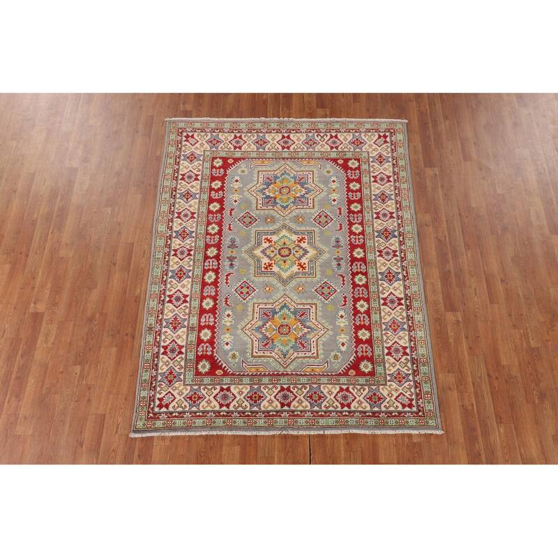 Gray Geometric Kazak Rug Hand-Knotted Oriental Wool Carpet - 5'1" x 6'9"