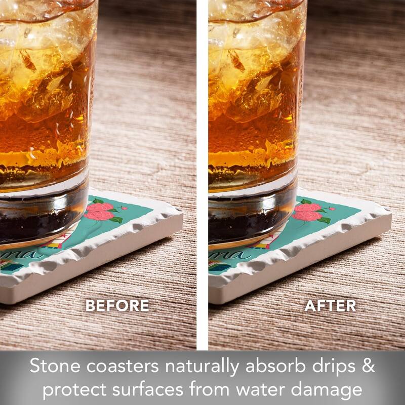 Alabama Home 4-Pack Absorbent Stone Coasters with Protective Cork Backing 4" Square Manufactured in The USA Easily Wipes Clean