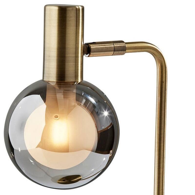 HomeRoots 18" Antiqued Brass Metal Cylinder Desk Table Lamp With Gray Globe Shade With Starling LED Bulb