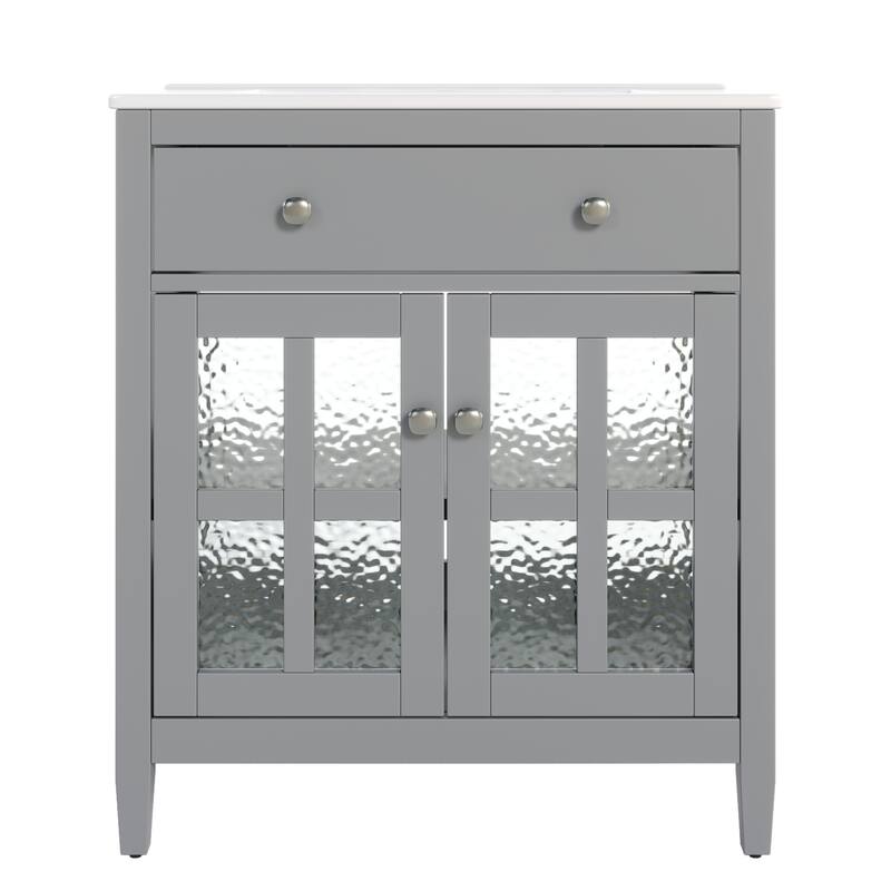 30" Vanity with Ceramic Sink, Equipped with Adjustable Shelf and Tip-Out Tray,with Solid Wood Legs,Metal Knobs and Close Hinges