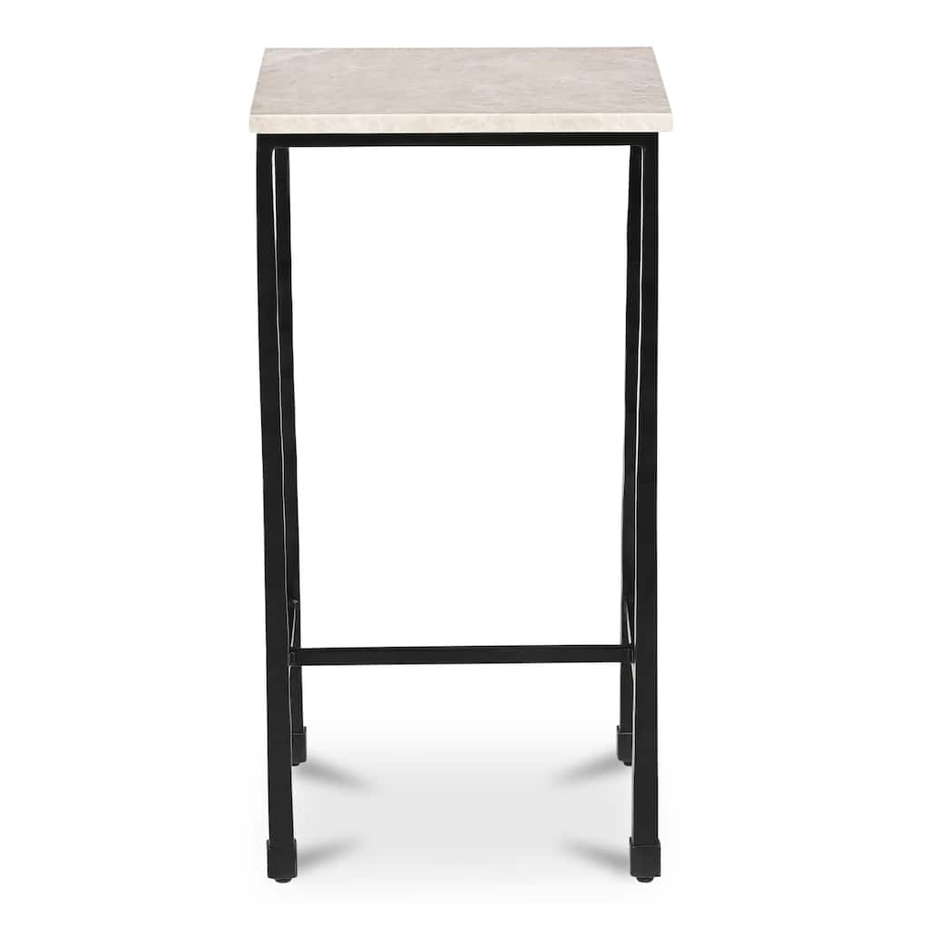 NADAAL STUDIOS Tylienne Side Table, Italian Botticino Marble, Hammered Blackened Iron Base