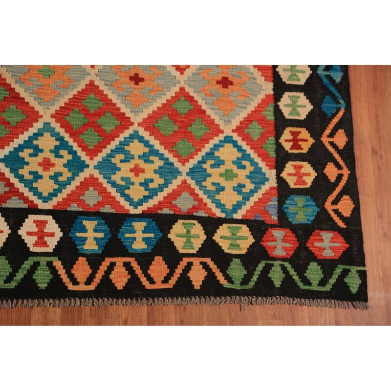 Geometric Trellis Kilim Reversible Area Rug Hand-Woven Wool Carpet - 8'4"x 11'4"