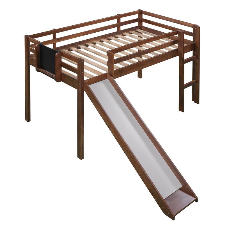 Twin Size Loft Bed Wood Bed with Convertible Ladder and Slide, Solid Wood Twin Kids Bed Frame with Chalkboard for Boys or Girls - Walnut - Twin