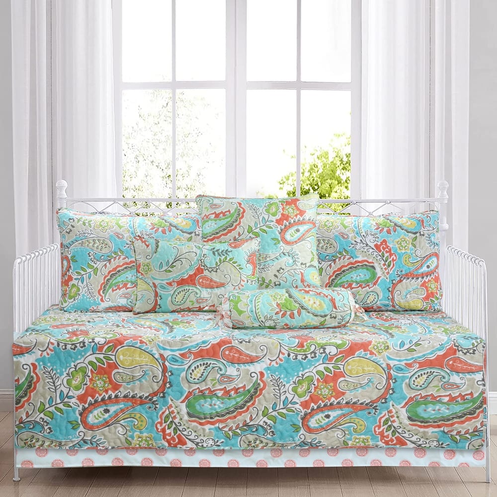 Paisley Floral Turquoise Blue Coral Yellow Grey Green Microfiber Reversible DayBed Quilted Bedding Set