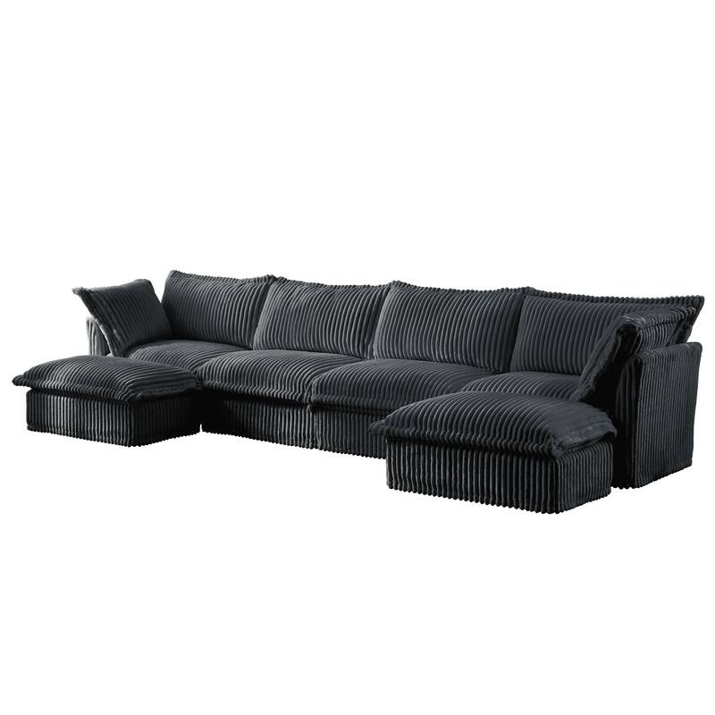 Slipcovered 4-Seater U-Shape Corduroy Sectional Sofa Couch with French Edges Design