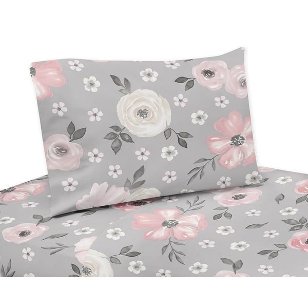 slide 1 of 1, Grey Watercolor Floral Collection 4-piece Queen Sheet Set - Blush Pink Gray and White Shabby Chic Rose Flower Farmhouse