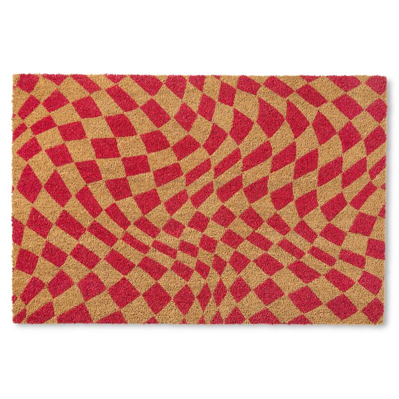 TOWN & COUNTRY TERRA Emmett Groovy Checkerboard Outdoor Door Mat, Natural Coir Mat - 24 x 36 - Red