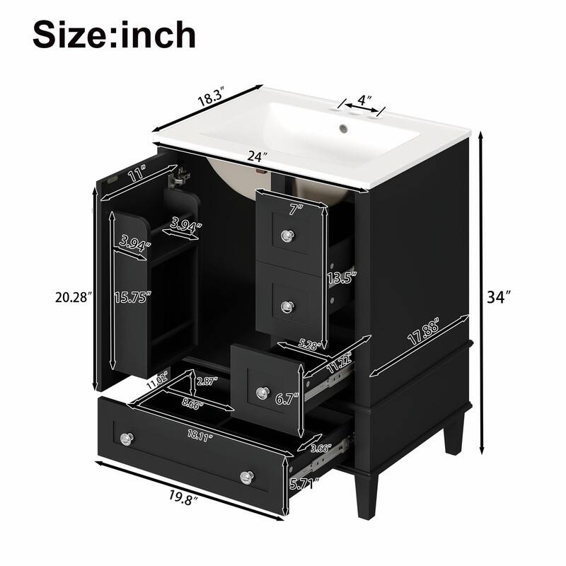 24" Bathroom Vanity with Ceramic Sink, Soft-Close Drawers, Soft-Close Door & Door-Mounted Shelf