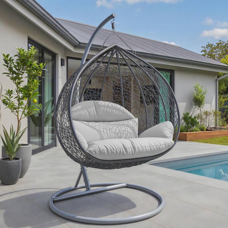 2-Person Egg Swing Chair with Grey Stainless Steel Frame, Cushioned 2-Seater Porch Swing for Outdoor and Indoor Use