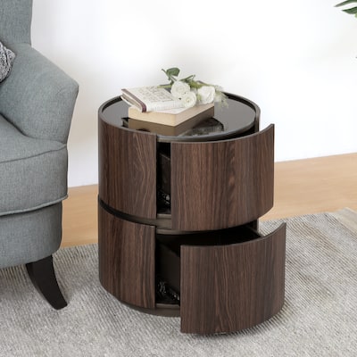 MDF Italian High-Grade Double-Layer Storage Round Side Table, Brown And Black Color
