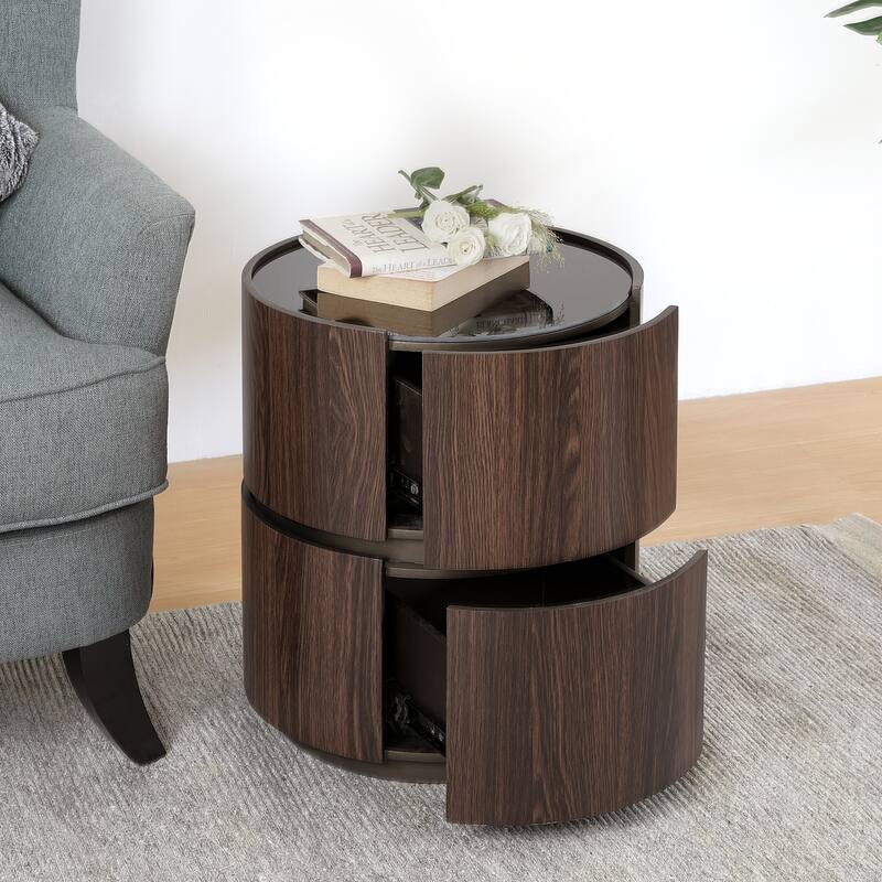 MDF Italian High-Grade Double-Layer Storage Round Side Table, Brown and Black Color - Black+Brown