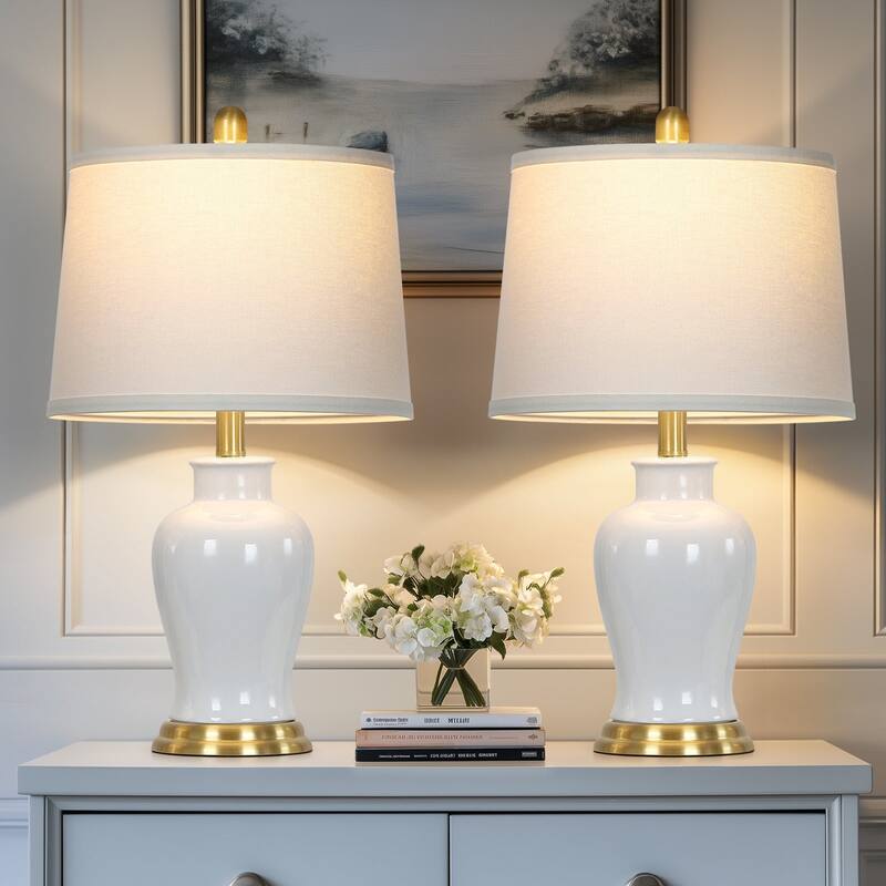23-Inch Ceramic Ginger Jar Table Lamp with White Fabric Shade and LED Bulb
