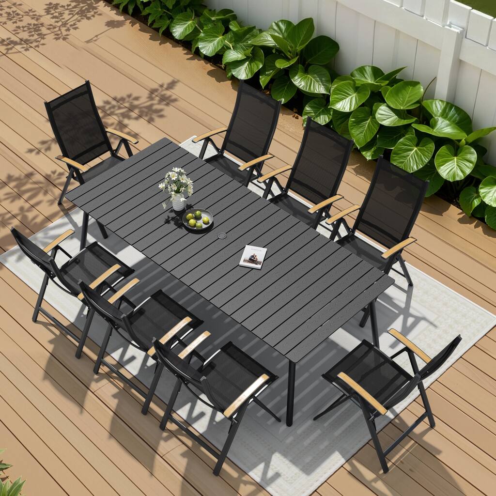9-Piece Outdoor Patio Dining Set WPC Table Top Alumium Umbrella Hole Table with Folding Armrest Chairs