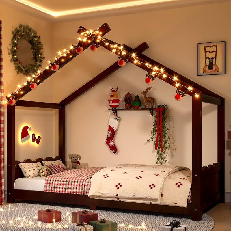 Wood House Bed Floor Bed with Support Slats Montessori Bed - Espresso - Twin