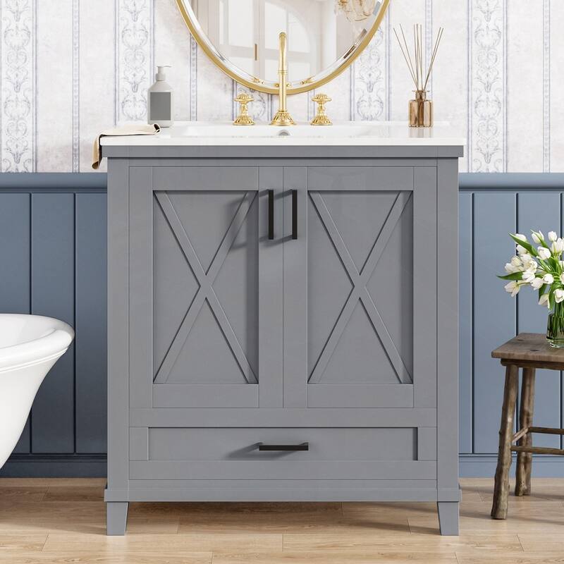 Solid Wood Frame Bathroom Vanity with Single Sink - Gray