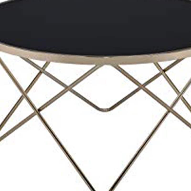 18 Inch Glass Top Coffee Table with Metal Base, Black and Gold - 18 H x 34 W x 34 L Inches