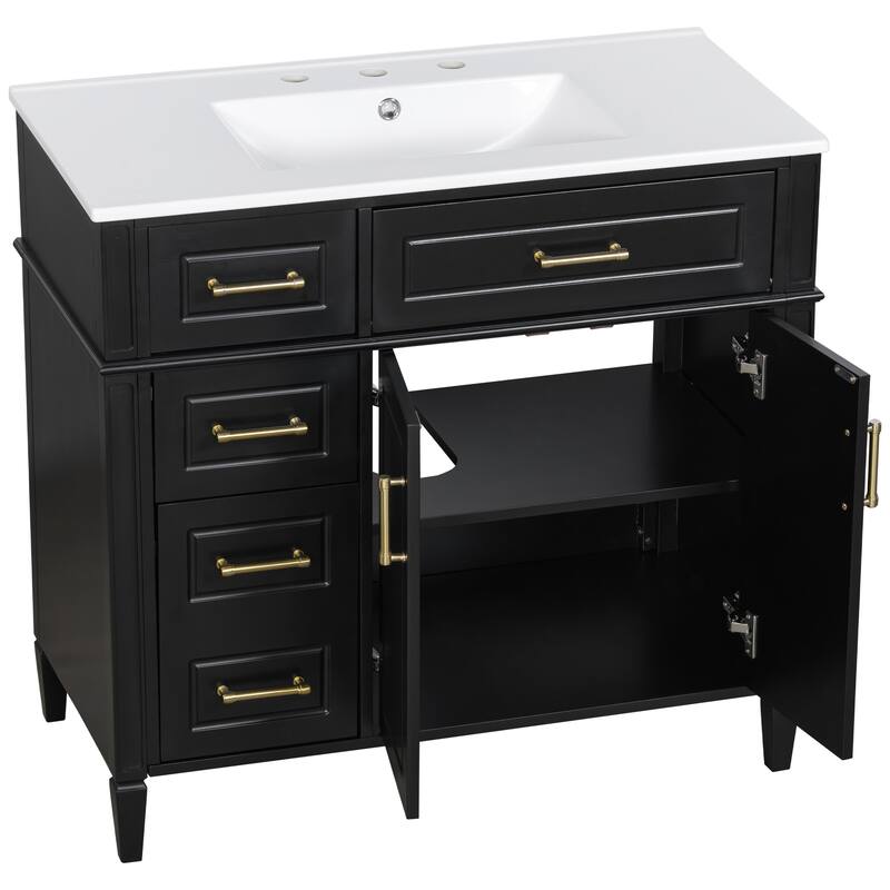 36 Inch Single Sink Bathroom Vanity Cabinet with 4 Drawers, Vanity Base & Ceramic Basin Set