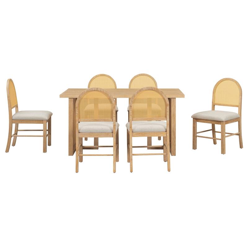 7-Piece Farmhouse Dining Table Set with Distressed Oak Veneer and Upholstered Rattan Chairs for Gatherings