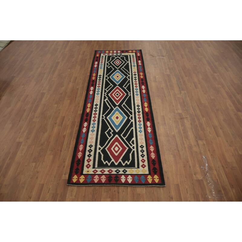Hand Woven Oriental 100% Wool Carpet Southwestern Tribal Black Kilim Runner Rug - 9' 11'' X 3' 2''