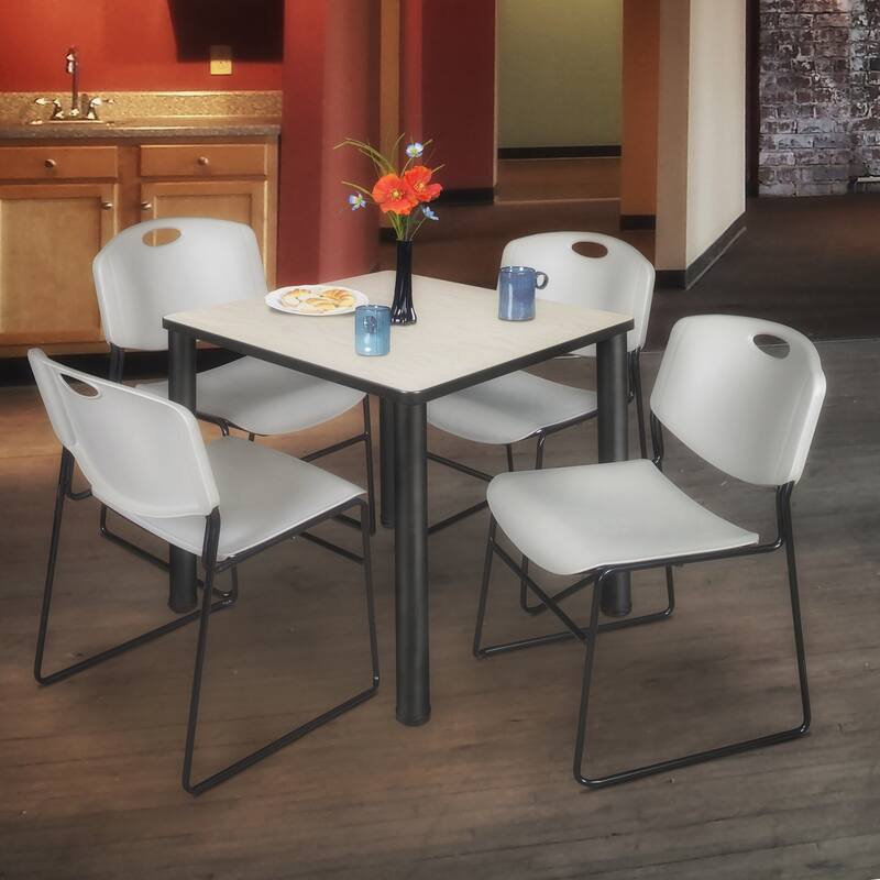 36" Square Breakroom Table- Maple/ Black & 4 Stack Chairs- Grey - Grey, Black, Maple - 36
