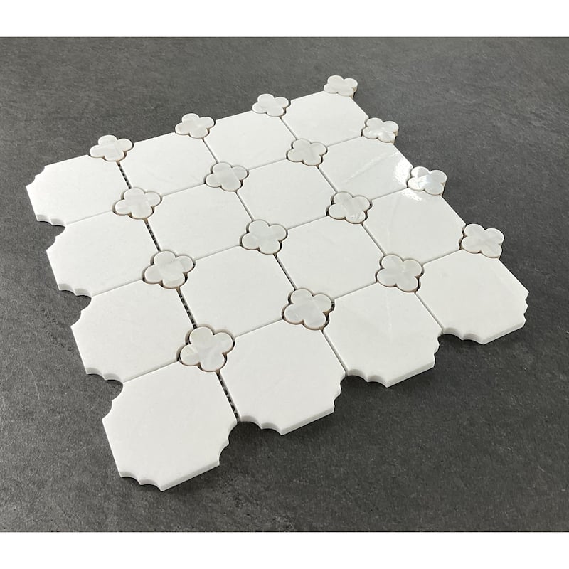 Thassos White And Mother Of Pearl Clover Mosaic Wall And Floor Tile - Case (10 Sheets)