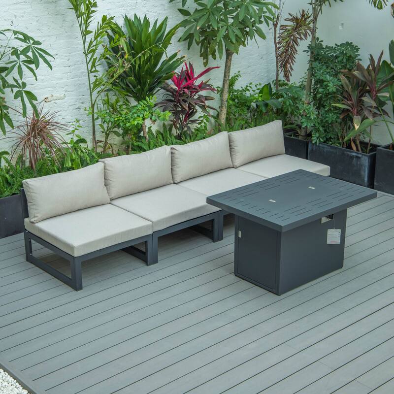 LeisureMod Chelsea 5-Piece Outdoor Patio Chairs and Fire Pit Table Set