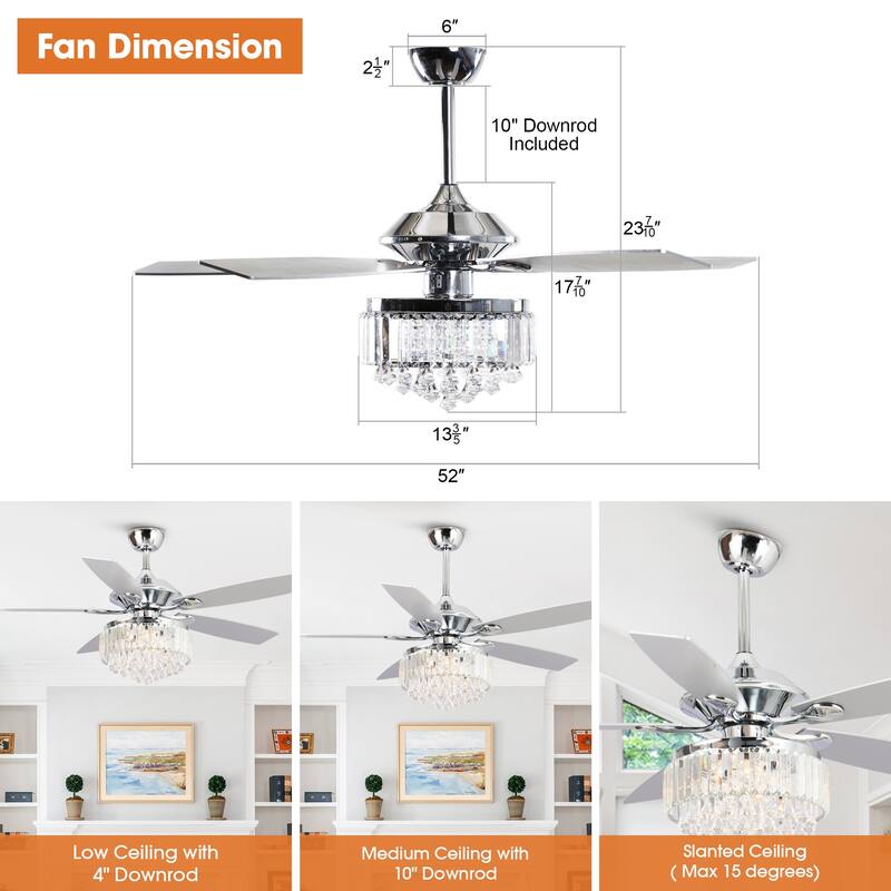 Modern 52-inch Wood 5-Blade Crystal LED Ceiling Fan with Remote - 52-in