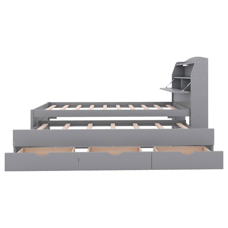 Twin Size Wooden LED Platform Bed with Trundle,Storage Headboard and Drawers for Bedroom