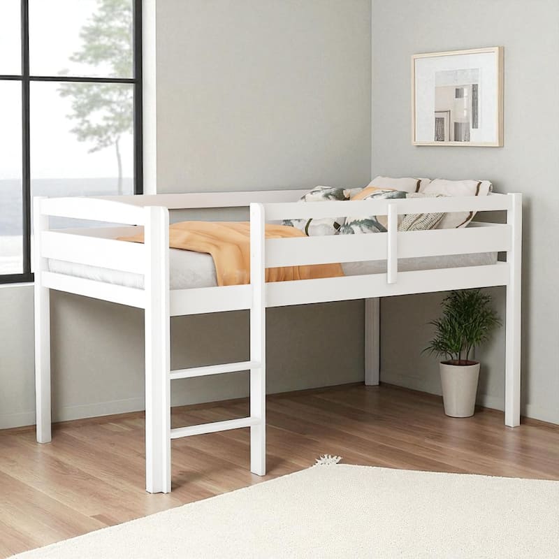 Twin Size Wood Loft Bed with Ladder, Low Loft Bed Frame for Kids and Teens, Space Saving Design - White - Twin