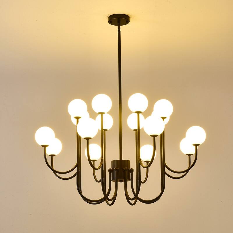 16 Lights Black Sputnik Chandelier 49in Modern Chandelier Mid Century Chandelier with Milk Glass Globe Shades - 36.61