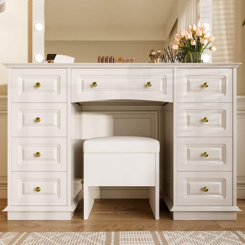 Vanity Desk with 10 Hollywood Bulbs & Stool, Multi-functional Vanity Set, Dressing Table with Charging Station & 9 Drawers