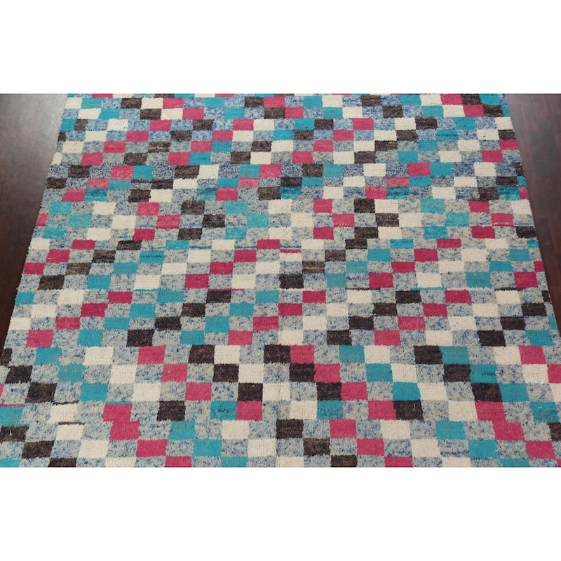 Checkered Modern Moroccan Oriental Area Rug Hand-knotted Wool Carpet - 9'10" x 14'10"