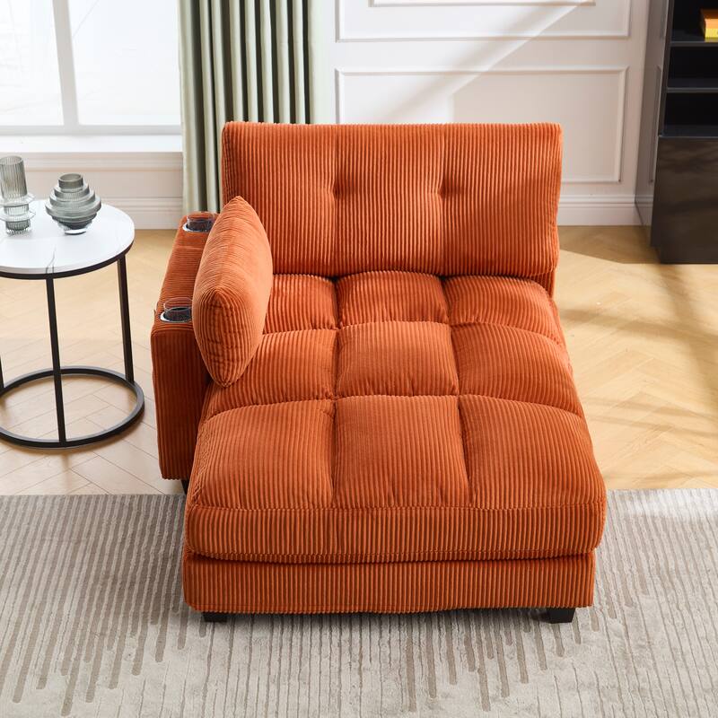 Oversized Corduroy Upholstered Single Chaise Lounge Sofa Couch Switchable Armrest with Cup Holders, USB Ports and Pockets