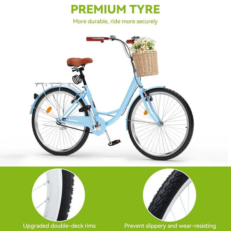 24 Inch Beach Cruiser Bike for Women - 1 Speed Commute Bike for Adults - Womens Bicycle with Adjustable Seat in Light Blue
