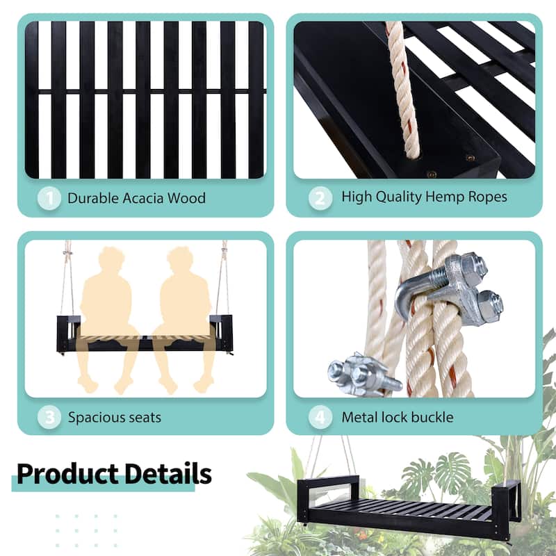 Twin Size Patio Acacia Wood Swing Frame with Hemp Ropes