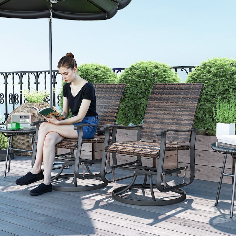 2-Piece Brown Outdoor Rattan Chairs with Swivel Gliding and Curved Arms for Comfortable Seating - 23.6" W x 30.7" D x 37.8" H