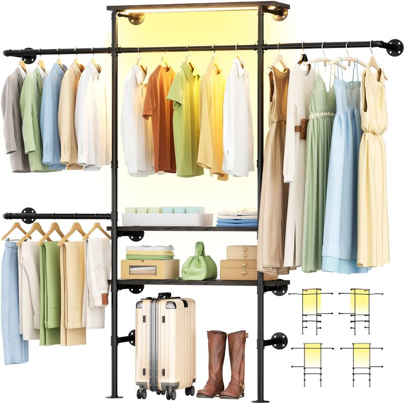 87"W Industrial Pipe Clothing Racks with LED Lights & Open Shelves,Reversible Walk-in Closet Oraganizer System Garment Racks