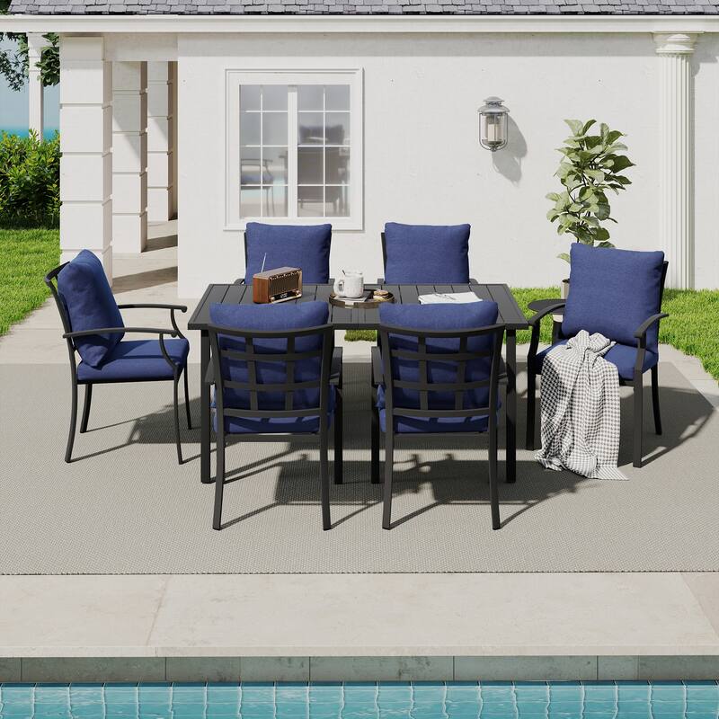 IvyGlow 7-Piece Black Metal Patio Dining Set with Rectangular Table and Gray Cushions