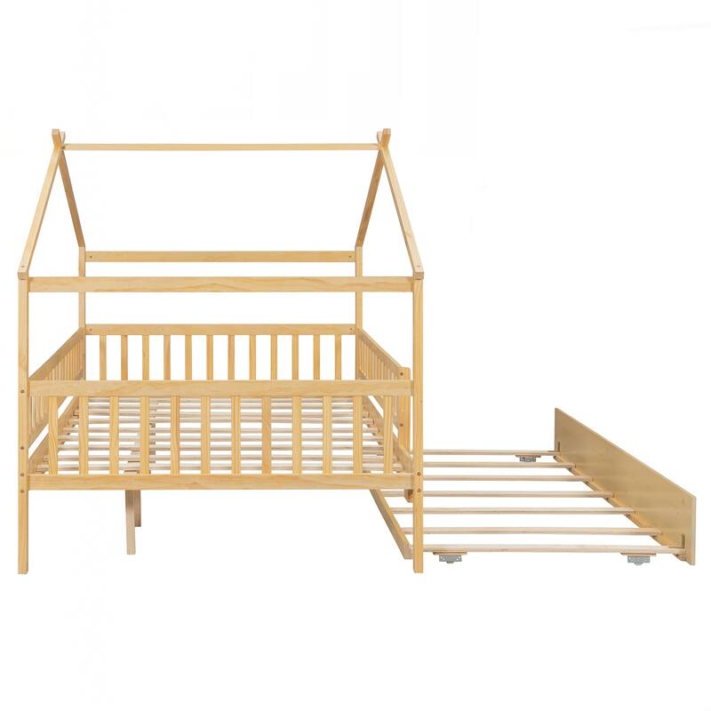 Full Size Wooden House Bed with Twin Size Trundle