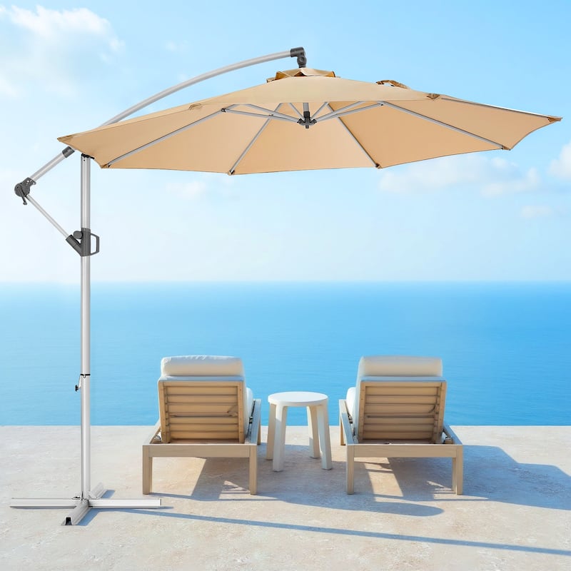 120" Patio Umbrella with Upgraded Aluminum Frame,Cantilever Hanging Market Umbrella with Base Included,UV Resistant - Beige