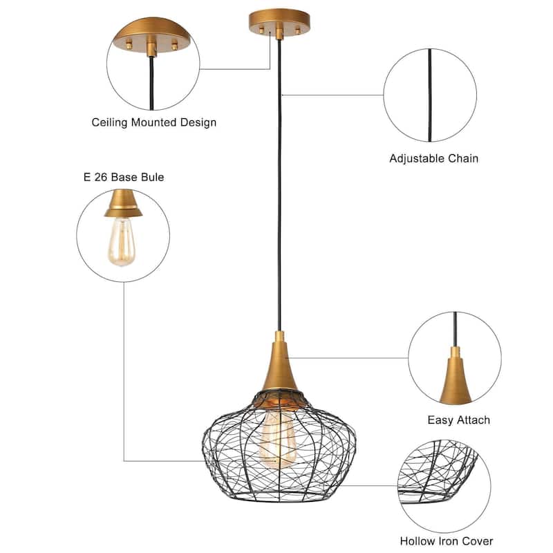 Alisar Modern Farmhouse Black Lantern Metal Kitchen Island Wire Pendant - D10" x H73"