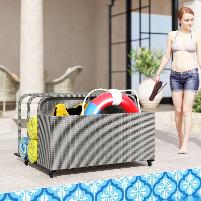 Wicker Pool Float Storage Organizer, PE Rattan Outdoor Pool Float Holder with Rolling Wheels & Storage Rack, Mixed Gray