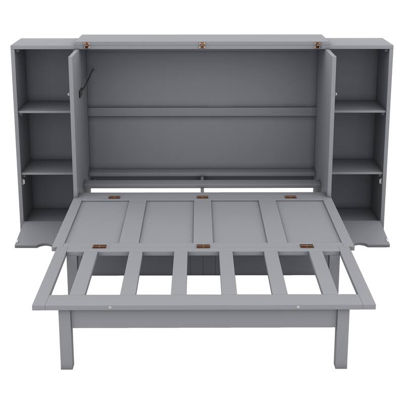Space-Saving Full Size Murphy Bed with Shelves, Drawers, and USB Ports in Gray
