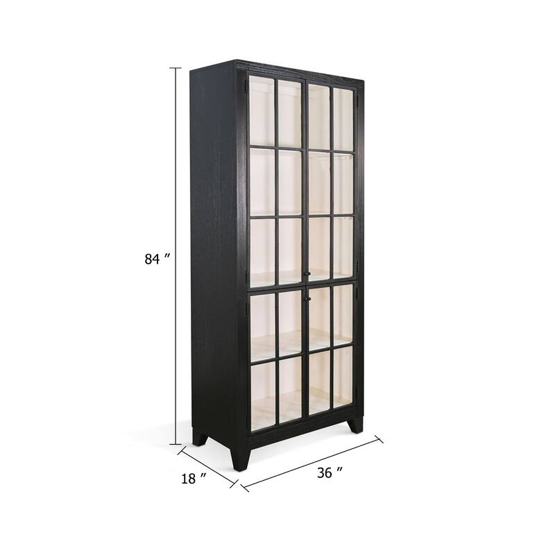 Rex Tall Accent Cabinet, 84 Inch, 4 Glass Doors w Interior Shelves, Black