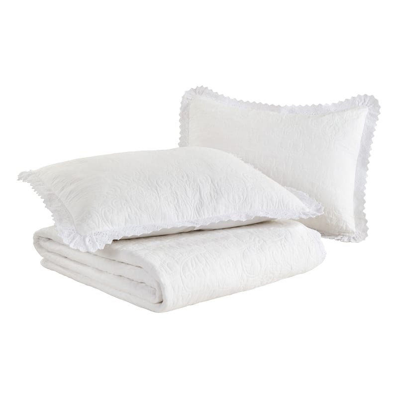 Laura Ashley Heirloom Crochet Cotton Reversible White Quilt Set