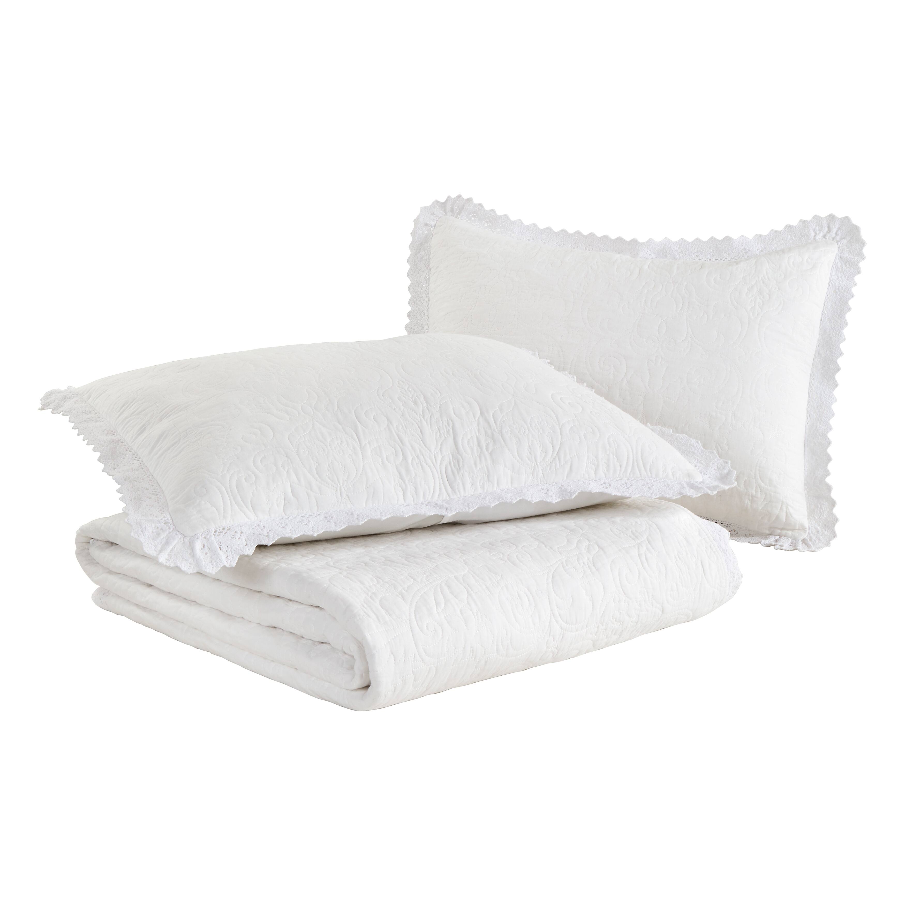 Laura Ashley Heirloom Crochet Cotton Reversible White Quilt Set On